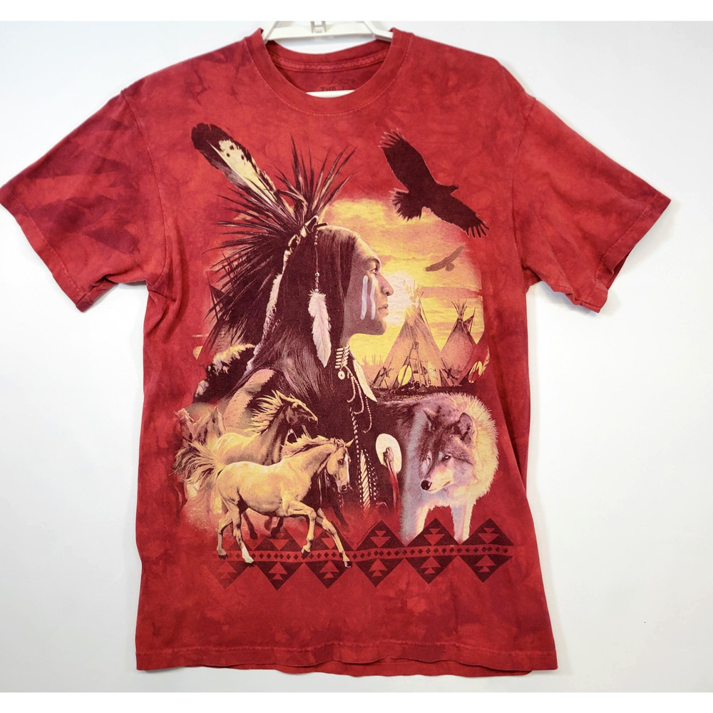 The Mountain Shirt Mens Medium Red Native American Wolf Horse Eagle Graphic Tee